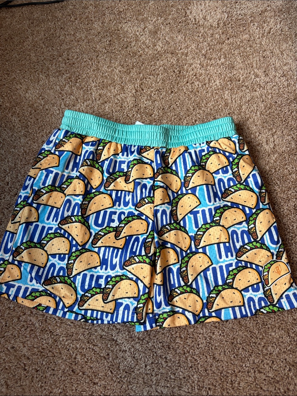 Baseball 101 boys Taco Print Swim Shorts in Aqua and Blue